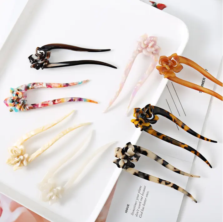 Acetate Hair Fork Carved Hair Chopstick Stick for Women Girl Vintage Chinese Style Packing Lady Color Accept Material Decoration