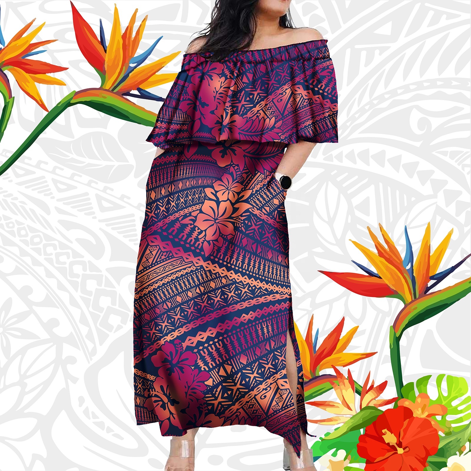 Women's Dress Asia & Pacific Islands Clothing Samoa Puletasi Polynesian Tribal Samoan Print Custom Ladies Elegant Dress Long