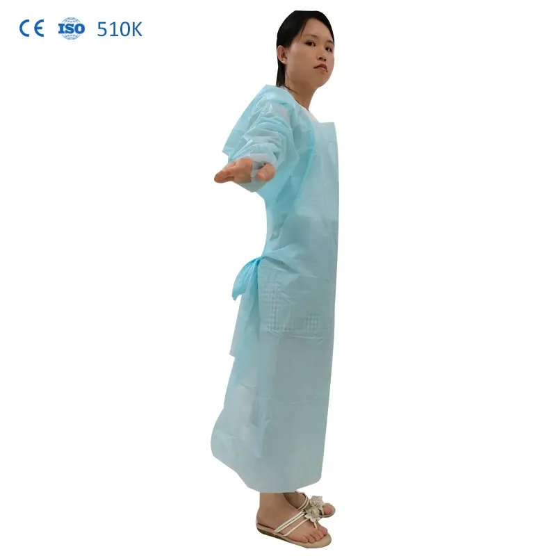 ISO13485 Factory Price Cpe Pp Aami Level 3 Gown Sms Waterproof EN14126 25g 30g Cpe Gown Long Sleeve With Tape Cpe Apron