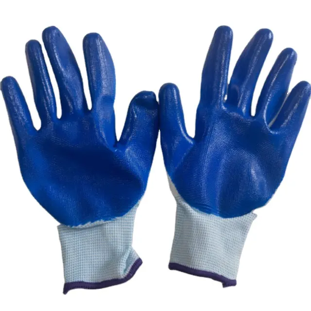 LN-1588006 Glove with blue nitrile coating palm with White PU Palm Coated