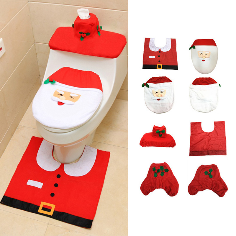 Factory Wholesale 3pcs Christmas Santa Bathroom Seat And Tissue Cover Mat Set Toilet Seat Cover For Bathroom Xmas Decoration