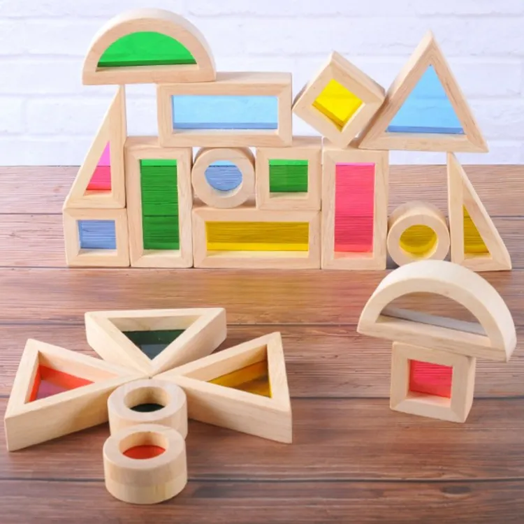 montessori sensory toy Acrylic 6kinds geometry shape block wooden rainbow blocks