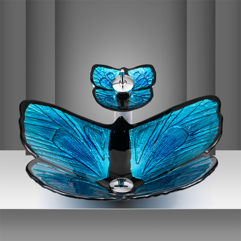 Deluxe blue art butterfly tempered glass table top wash basin for public toilet family bathroom hotel shower room sinks