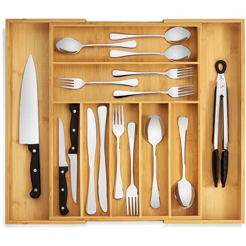 Expandable Utensil Flatware Organizer Bamboo Kitchen Cutlery Storage Tray Drawer Organizer With Drawer Dividers