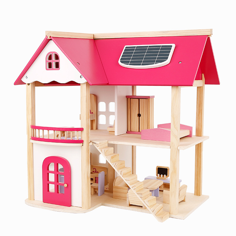 pink wooden doll house furniture classic 2 floors funny DIY Indoor children children pretend furniture wooden kids toy