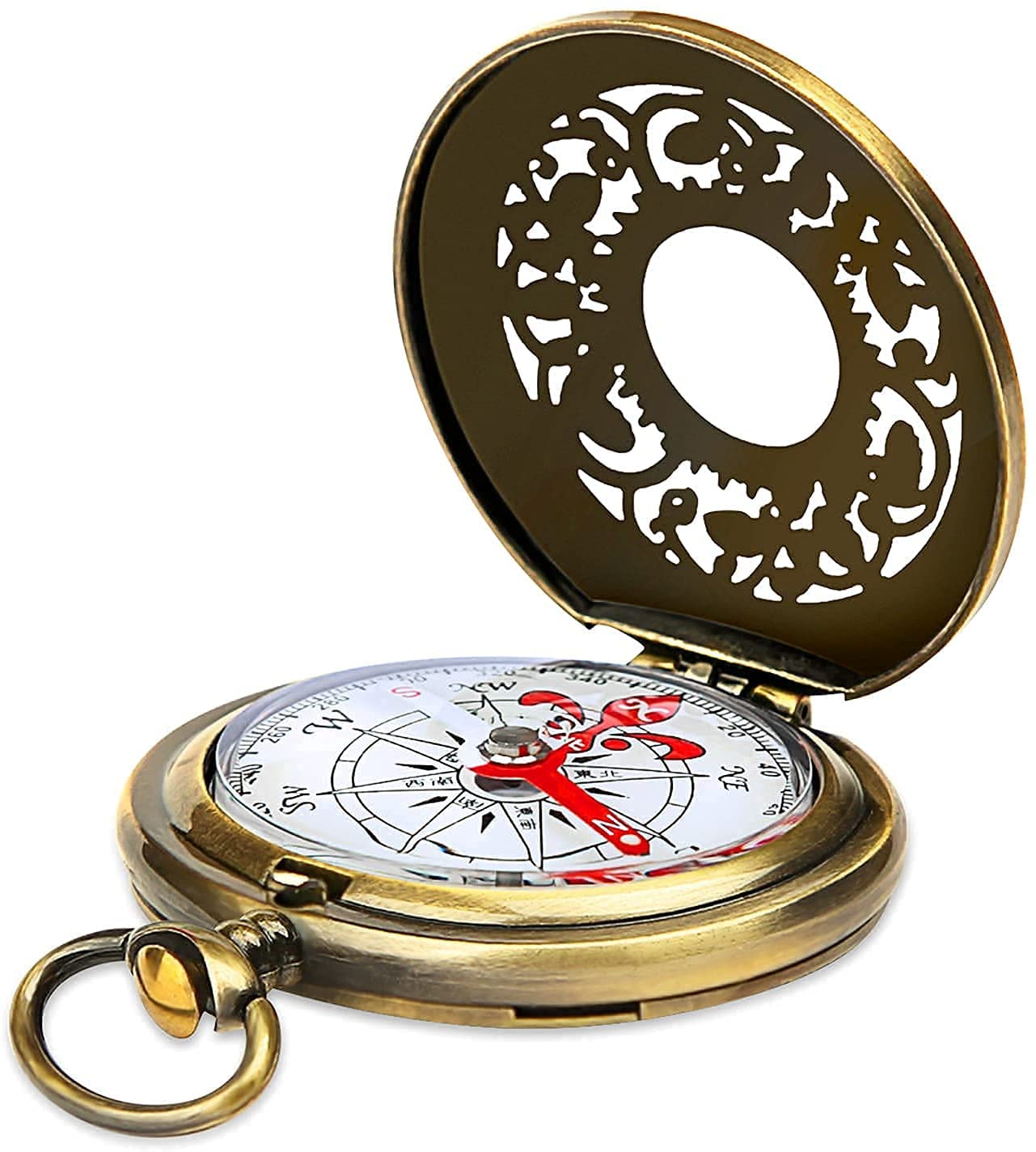 Vintage Bronze Portableantique Pocket Compass brunton with Hollowed Cover and Brass-Looking Gifts for kid Hiking survival kit