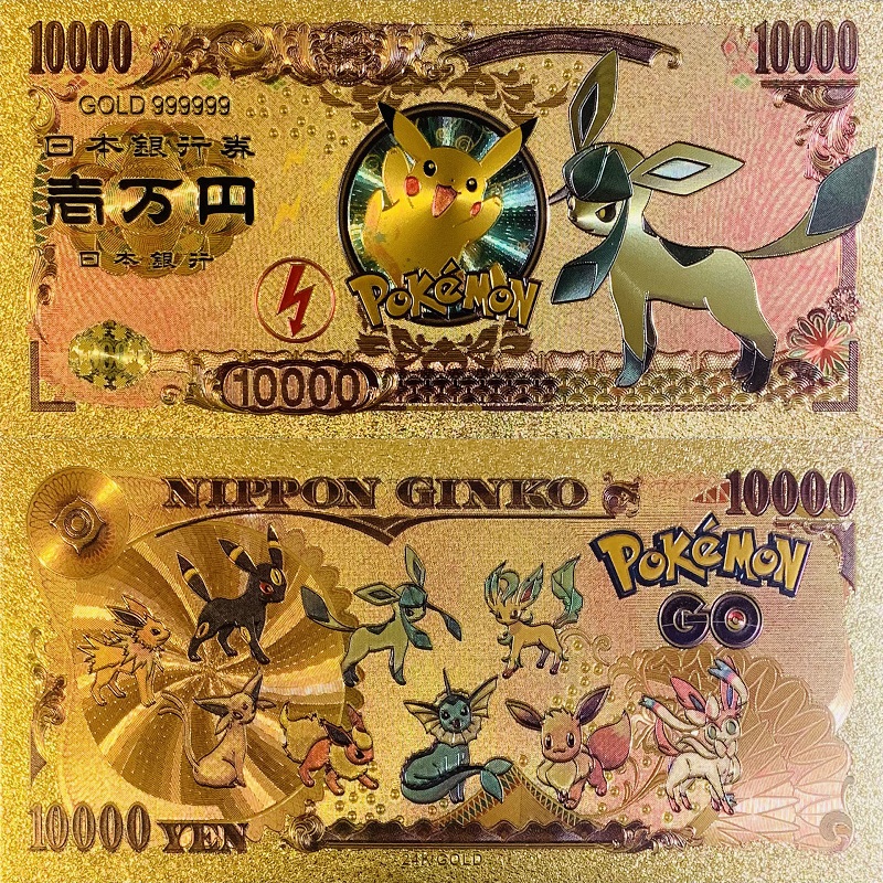 Оптовая продажа, Мультяшные Позолоченные тыкмон, Charizard банкноты, водонепроницаемая Золотая фольга, Пикачу, Eevee карты, реквизит, коллекция денег, подарки