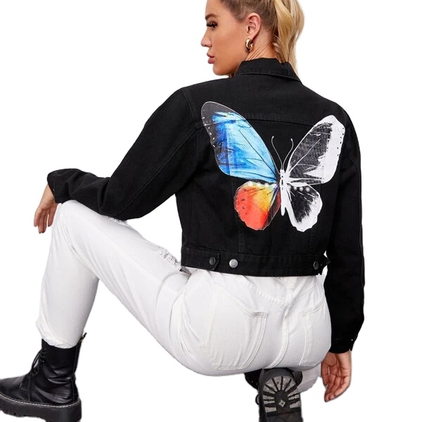 Модная черная джинсовая куртка Edge Denim 2020, джинсовая куртка с принтом бабочки, куртка с бабочкой для женщин