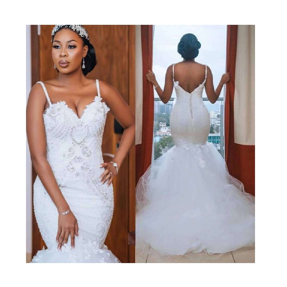 Africa Luxury Lace Sleeveless Plus Size Mermaid Wedding Dress bridal Ball Gown
