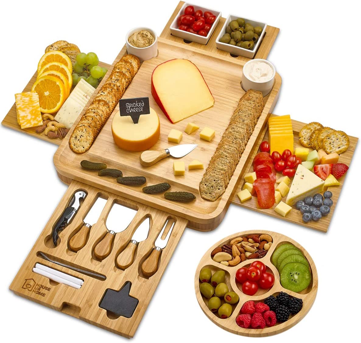 Wooden cake stands - 2 Ceramic Bowls 2 Serving Plates. Magnetic 4 Drawers Bamboo Charcuterie Cutlery Knife Set