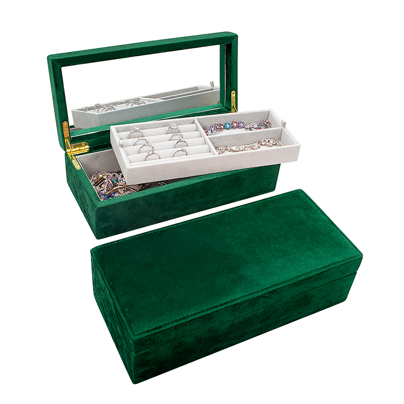 Luxury Velvet Jewellery Jewlery Storage Mirror Boxes Large High Capacity Portable Rectangle Green Bracelet Jewelry Jewely Case