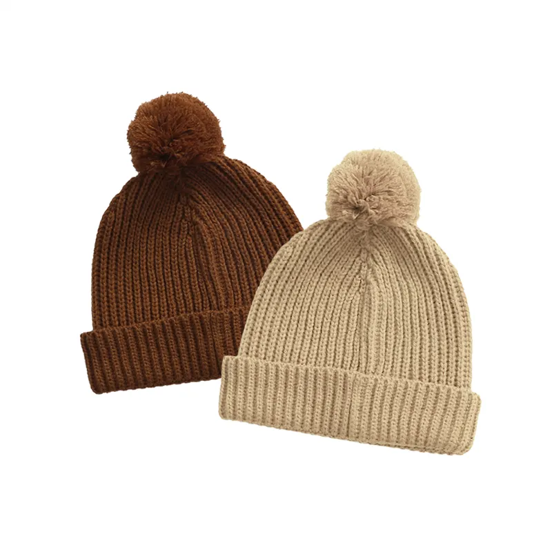 Keep warm child hats blank color wool knit turban beanie pom pom hats for unisex kids