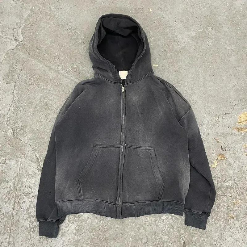 Custom High Quality Streetwear Hoodies Fleece Blank Zip up Vintage Double Layer Acid Wash Sun Faded Distressed Hoodies