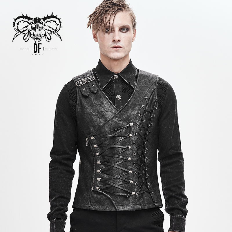 WT047 devil fashion brand punk gray fog-flower textured leather lace up men vest with loops