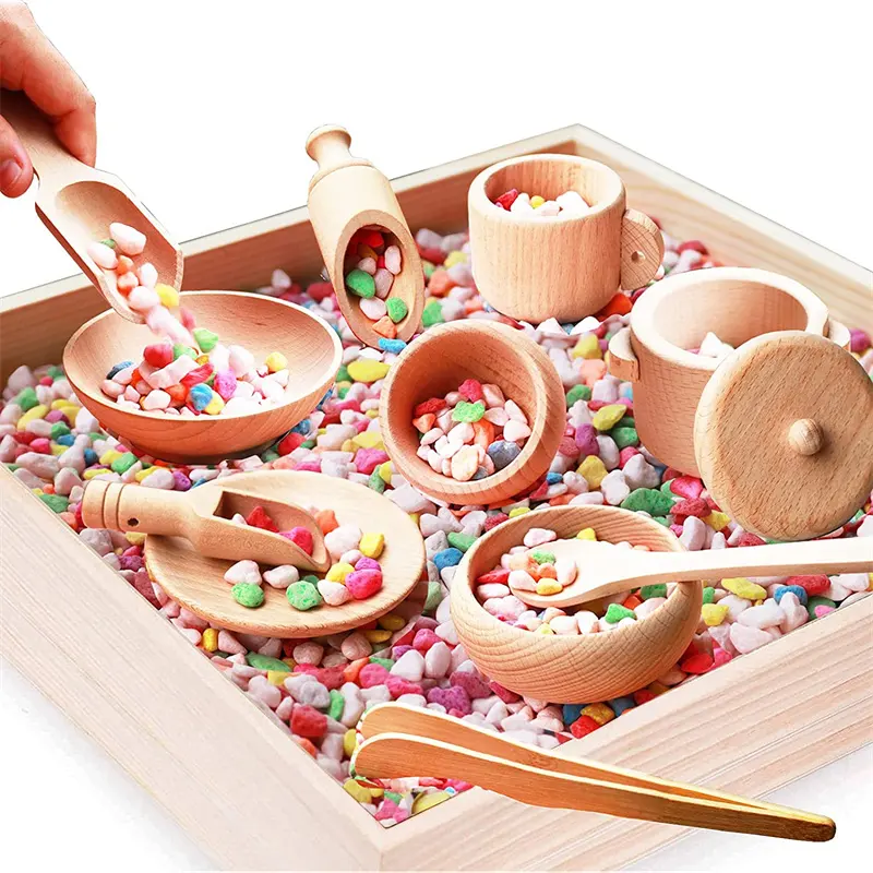 Amazon hot sales 12pcs Montessori Wooden Sensory Bin Tools with Wooden Box for Toddlers Toys