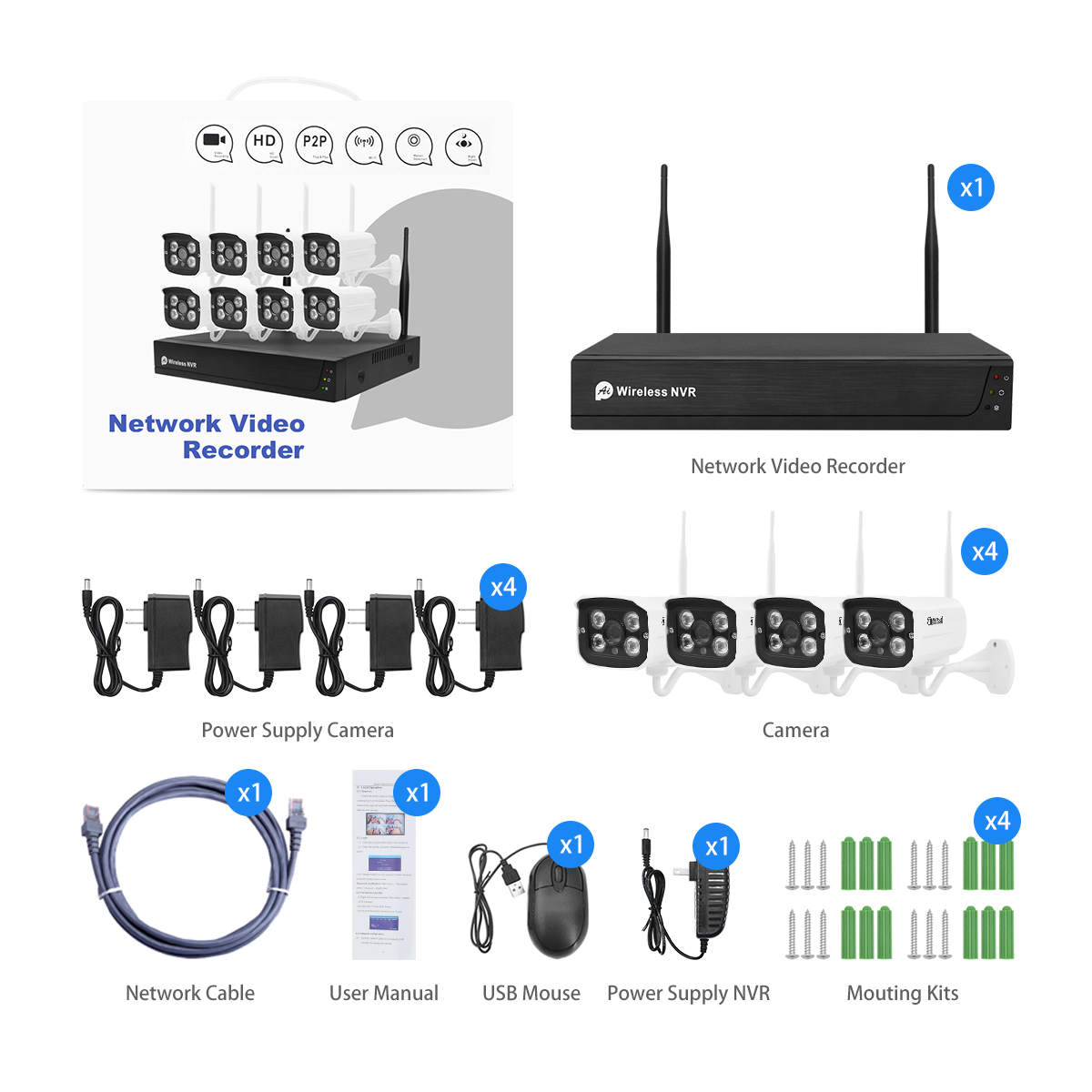JideTech CCTV Wifi Camera Home Security HD 1080P 4CH Wireless Security Camera System