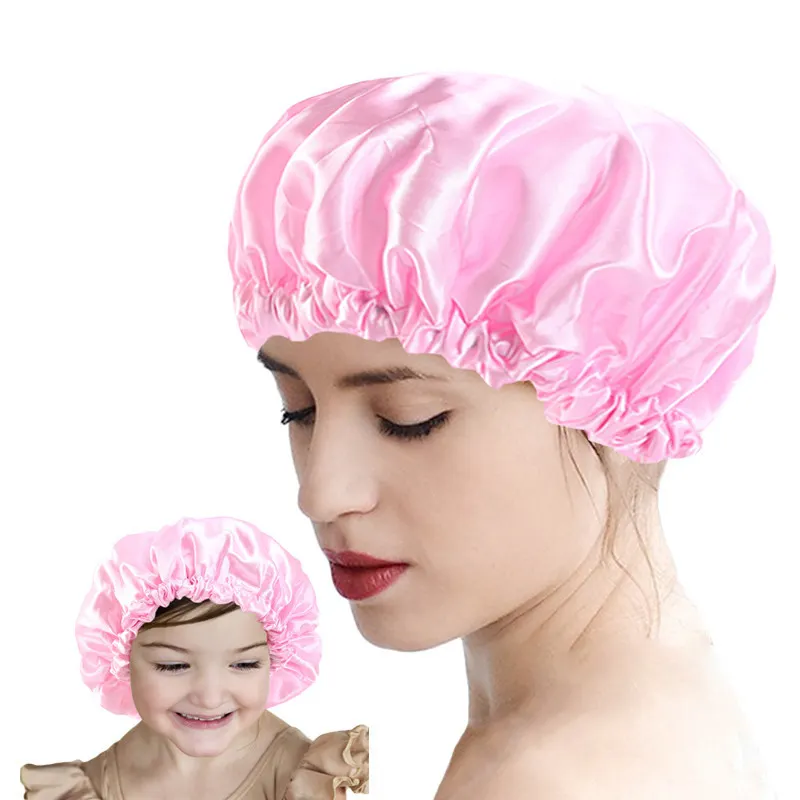 Double Layer Adjustable Satin Shower Caps Reusable Waterproof PE Beauty Salon Cap Parent-Child Hats