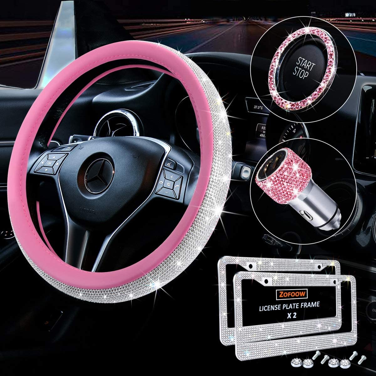 5 pcs pink shiny women diamond leather steering wheel cover license plate holder USB car charger car decoration accessories