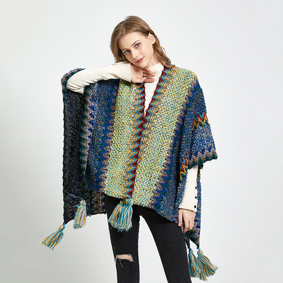 Female Cape Scarf Cloak Winter Thick And Elegant Folk Style Shawl Knitted Tassel Scarf For Two Purposes