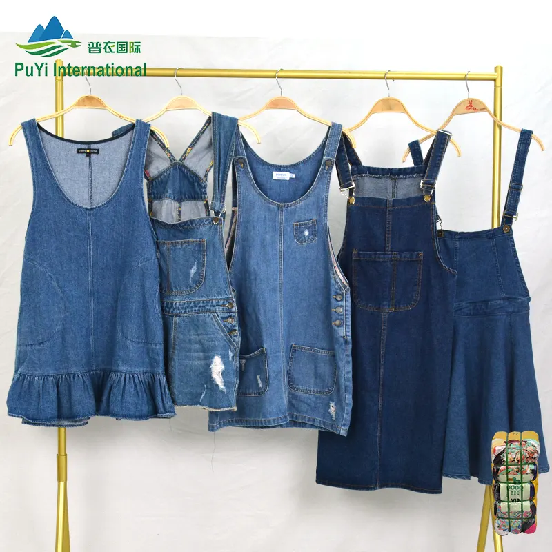 girls student blue denim suspender skirt With Pockets 45kg bale used clothing used clothes from uk
