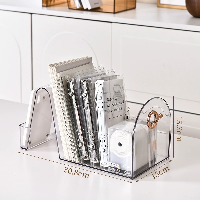 Transparent Desktop Bookstand with Classic Design Plastic Bookshelf Document Storage Pen Holder for Office Learning Stationery