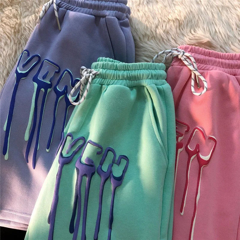 Streetwear 3D puff Letter Print High Waist Sport Shorts Baggy Hip Hop Korean Style Clothes Fashion men Biker Shorts