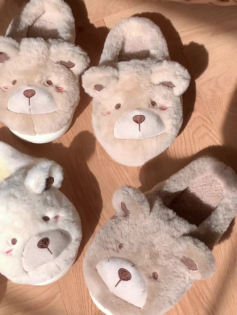 Girls' Fluffy Bear Slippers Animal Cotton Slippers Super Soft Cartoon Indoor Plush Slippers Couples Of shoes