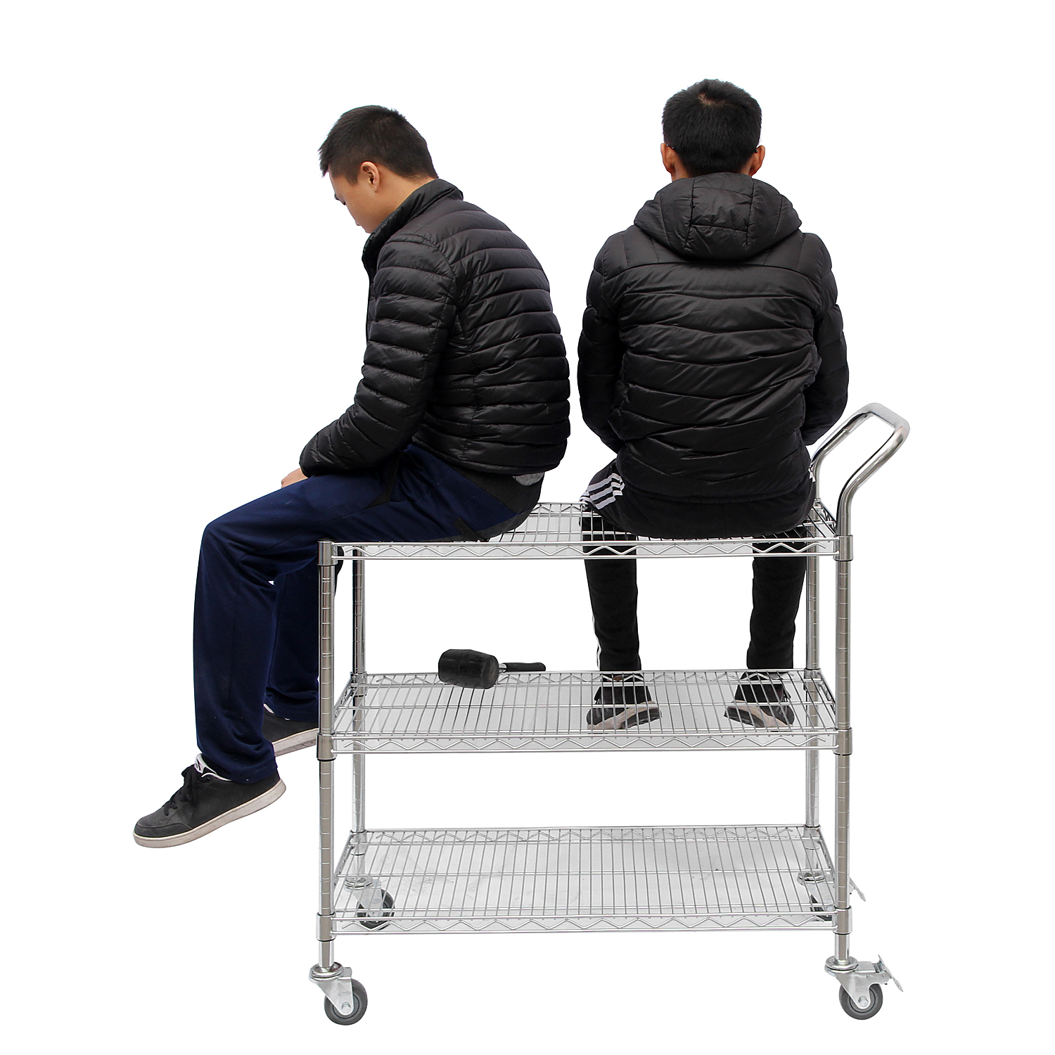 18" x 36" x H42" Low Price Shelf Trolley 3 Tier DIY Chrome Metal Wire Rolling Cart Trolley with 4" Rubber Wheels