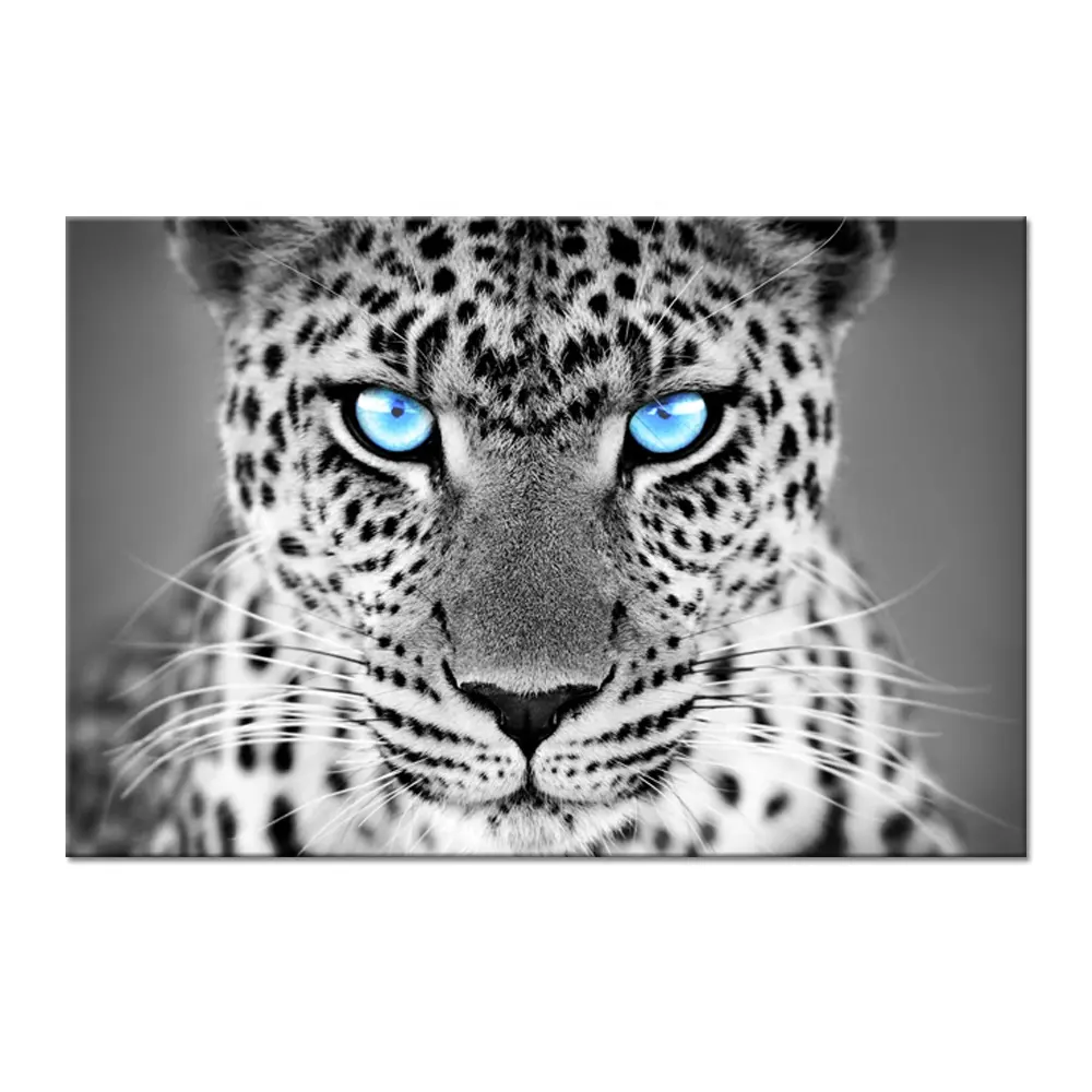 Large Black and White Canvas Wall Art Leopard with Blue Eyes Big Cat Animal Artwork Picture Print on Canvas for Living Room