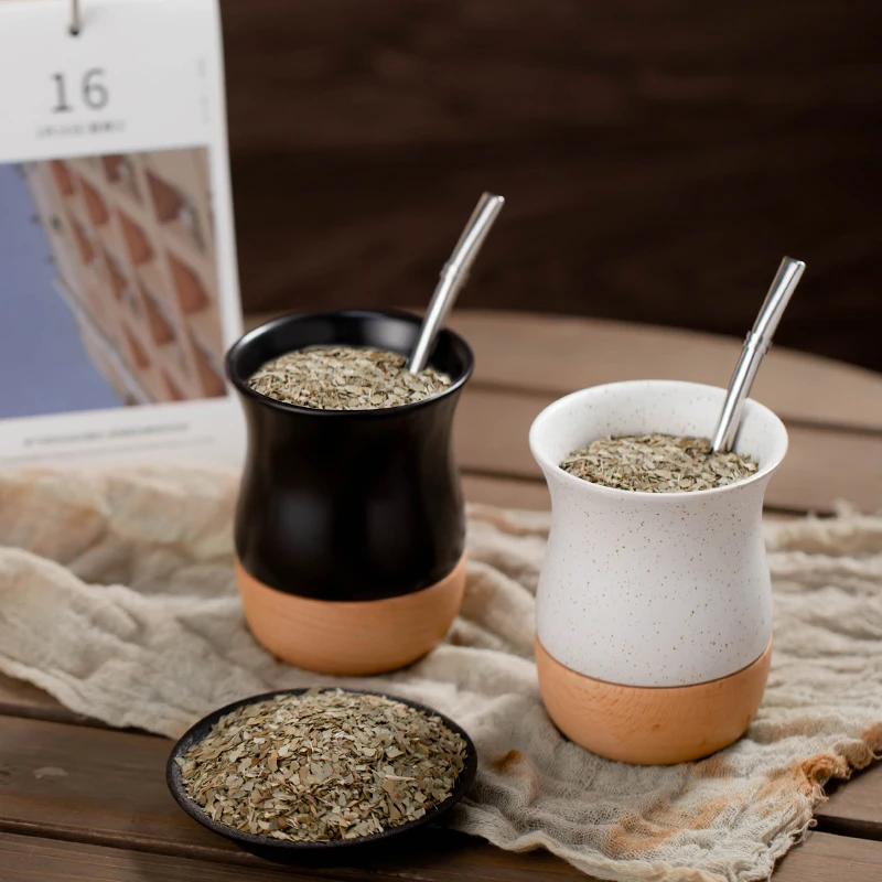 Customize Logo Multiple Colour 8oz Yerba Mate Gourd Bombilla Set Argentina Tea Cups Sets Wood Base Ceramic Yerba Mate Tea mug