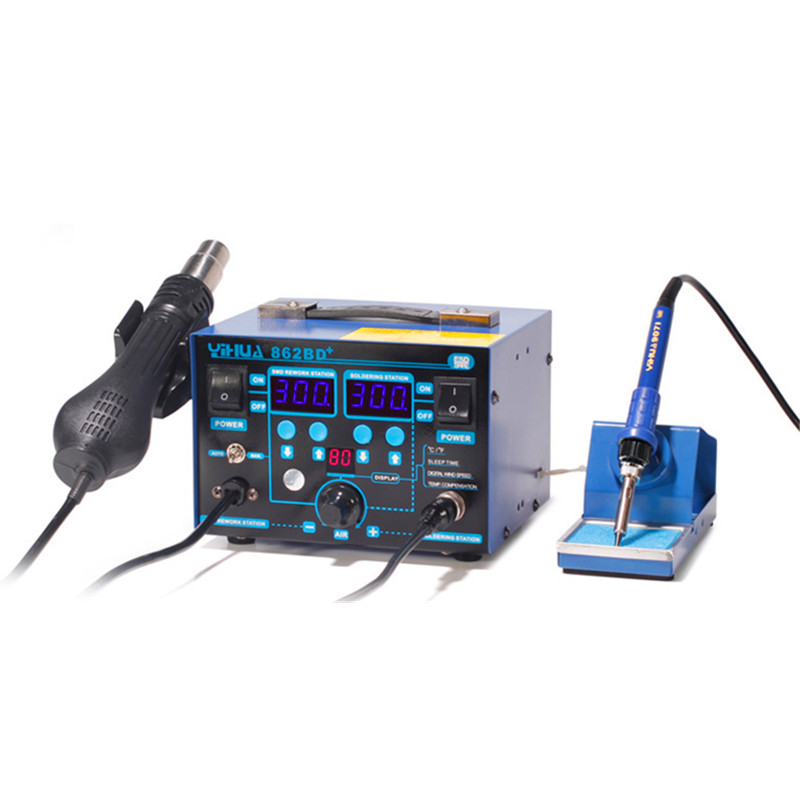 YIHUA YH-862D+ Dual Digital Rework Station Hot Air Gun Soldering Iron 2 in 1 with Silicone rubber wires bga soldering station