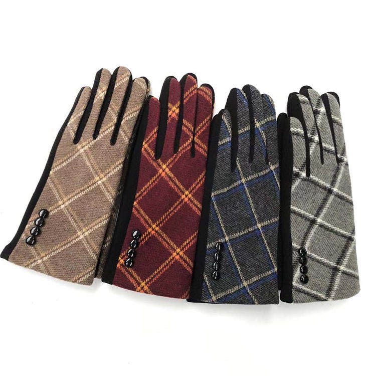 New women's winter cute plus velvet warm diagonal grid outdoor riding driving thickened airtight touch screen gloves