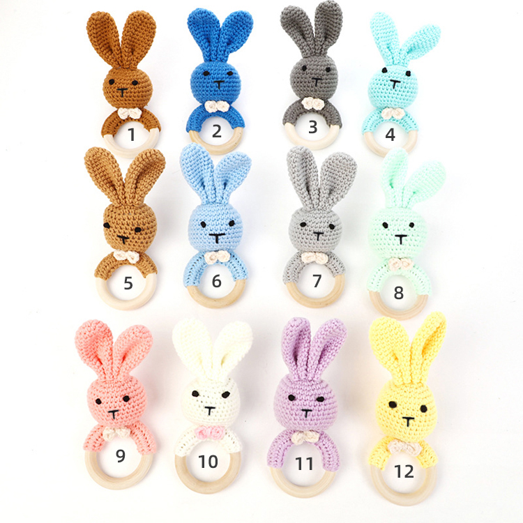 Best gift 12 colors baby wooden teether crochet bunny toys for infant