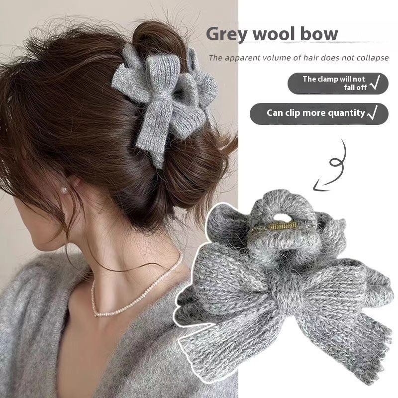 Autumn Winter Elegant High-Grade Hairpin Simple Plush Knitted Bow Shark Clip 5cm Korean Style Acrylic Hair Claws for Women Girls