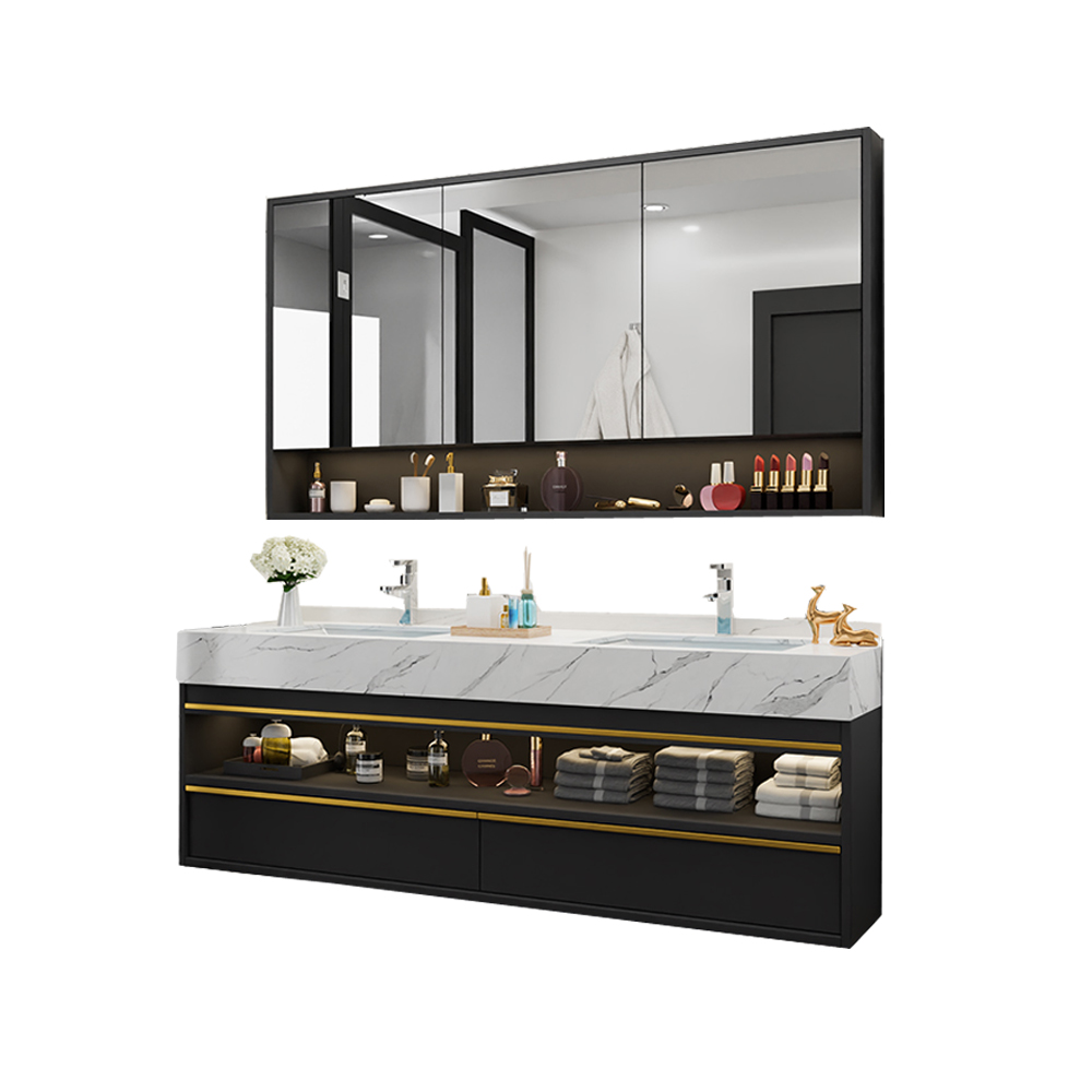 2021 60 inches wall mounted double sink marble top ceramic washbasin cabinets with smart mirror