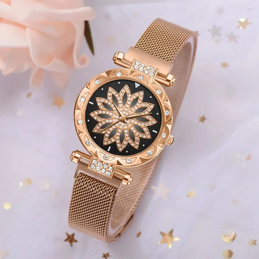 Top Brand Women Mesh Magnet Buckle Lucky Flower Watch Luxury Ladies Geometric Surface Rhinestone Quartz Watch Relogio Feminino