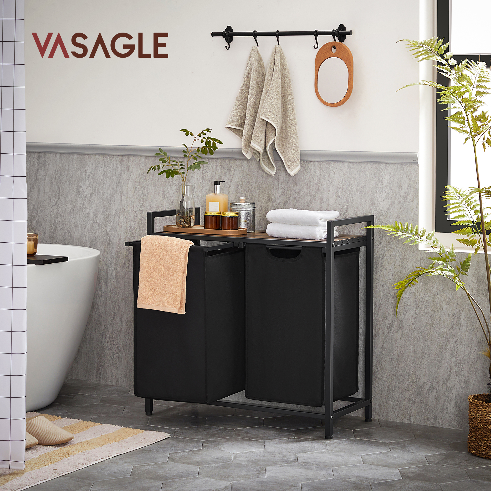 VASAGLE 59L Бытовая декоративная двойная корзина для белья с крышкой, корзина для белья для домашнего хранения