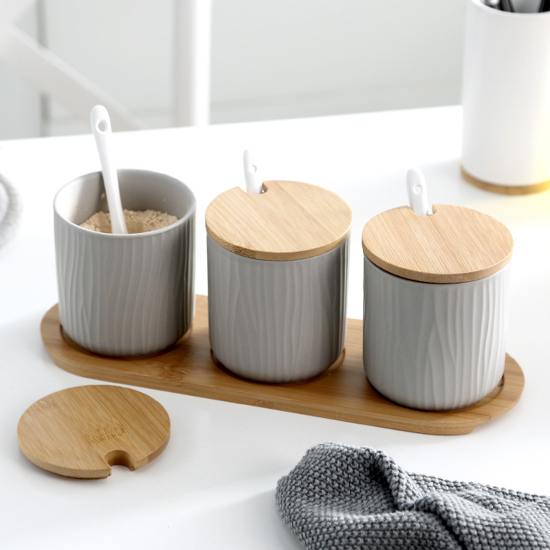 Wholesale colorful kitchen ware seasoning set wooden lid ceramic spice jars with bamboo tray
