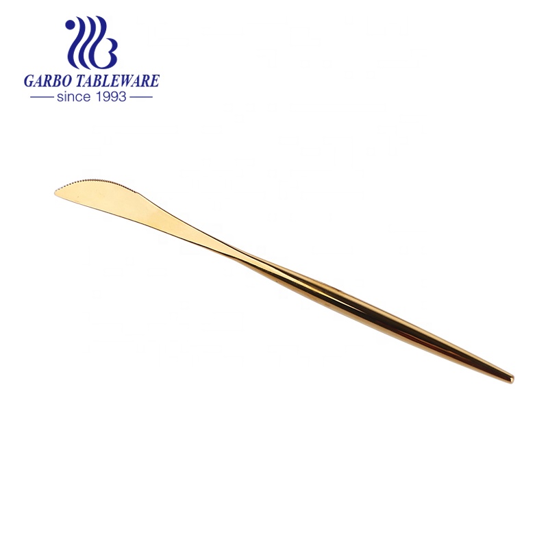 Long handle Portugal style flatware luxury golden full stainless steel 304 cutlery hotel banquet serving dinner steak knife