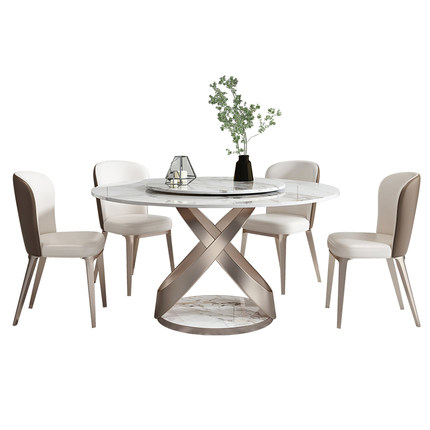 Rose gold brushed stainless steel round rock plate tables whit Rotary sintered stone marble dining table