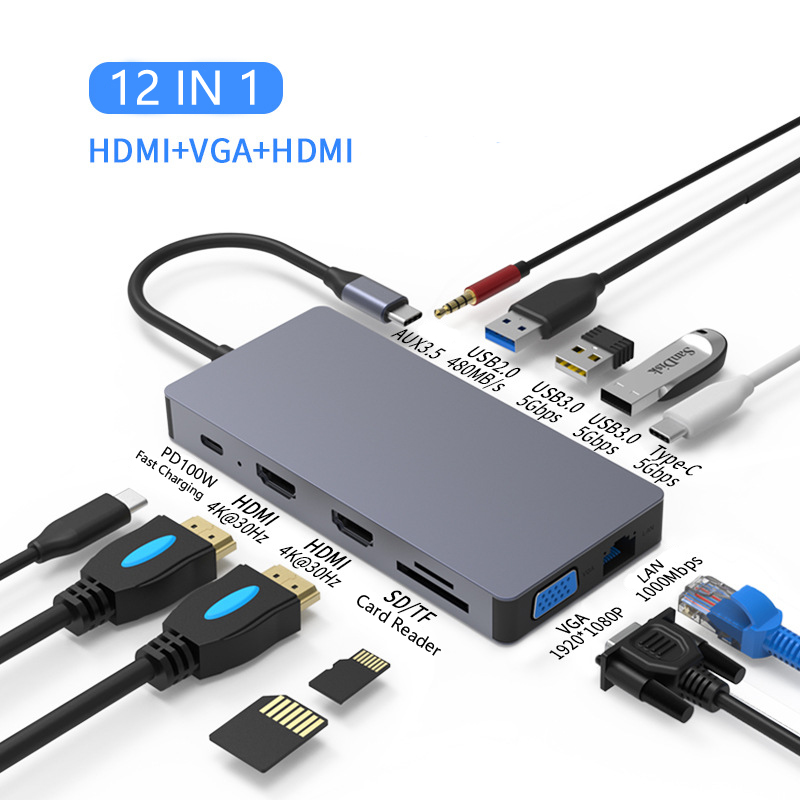Hot-sell USB Hub Wholesale High Speed Aluminum USB 3.0 12 Ports Type C Docking Station Adapter Laptop