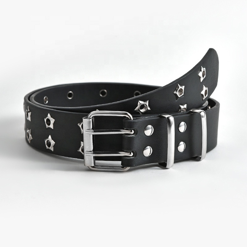 Hollow out punk style casual jean belt ladies fashion star hole decoration double row lady waist leather belt