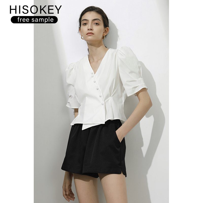 HISOKEY slimming V-neck waist asymmetric short sleeve Bubble sleeve shirt short style top
