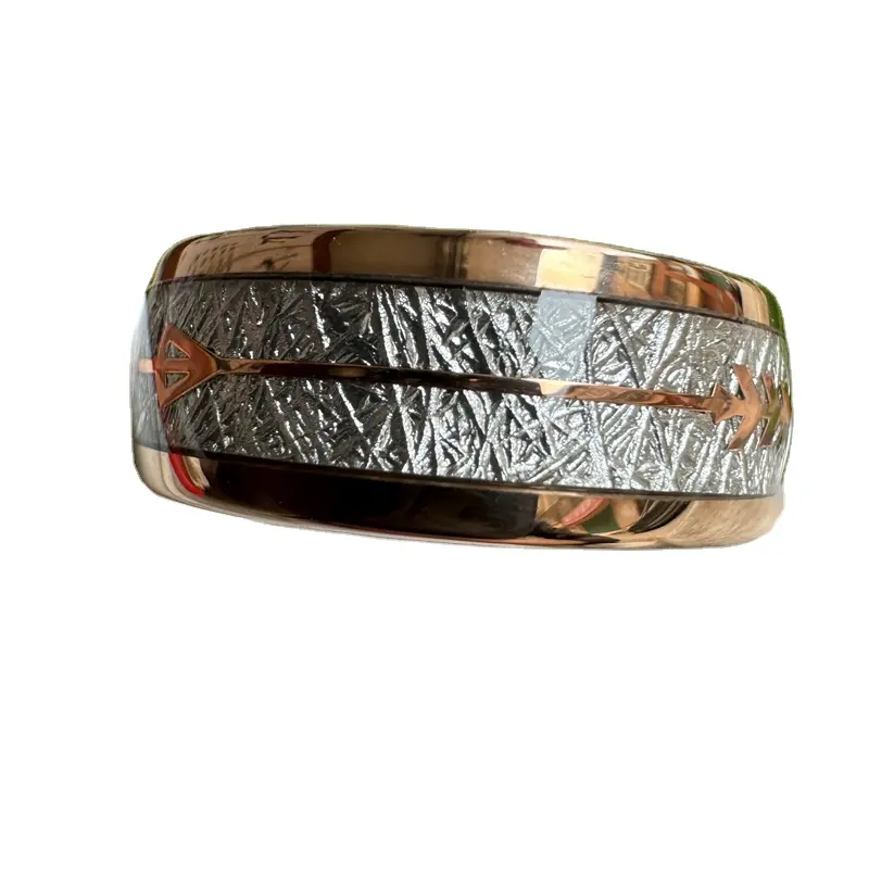 Macho Jewelry 8MM Domed Band in Tungsten Rose Gold Plated Silver Foil & Fish Bone Inlay Wedding bands Ring