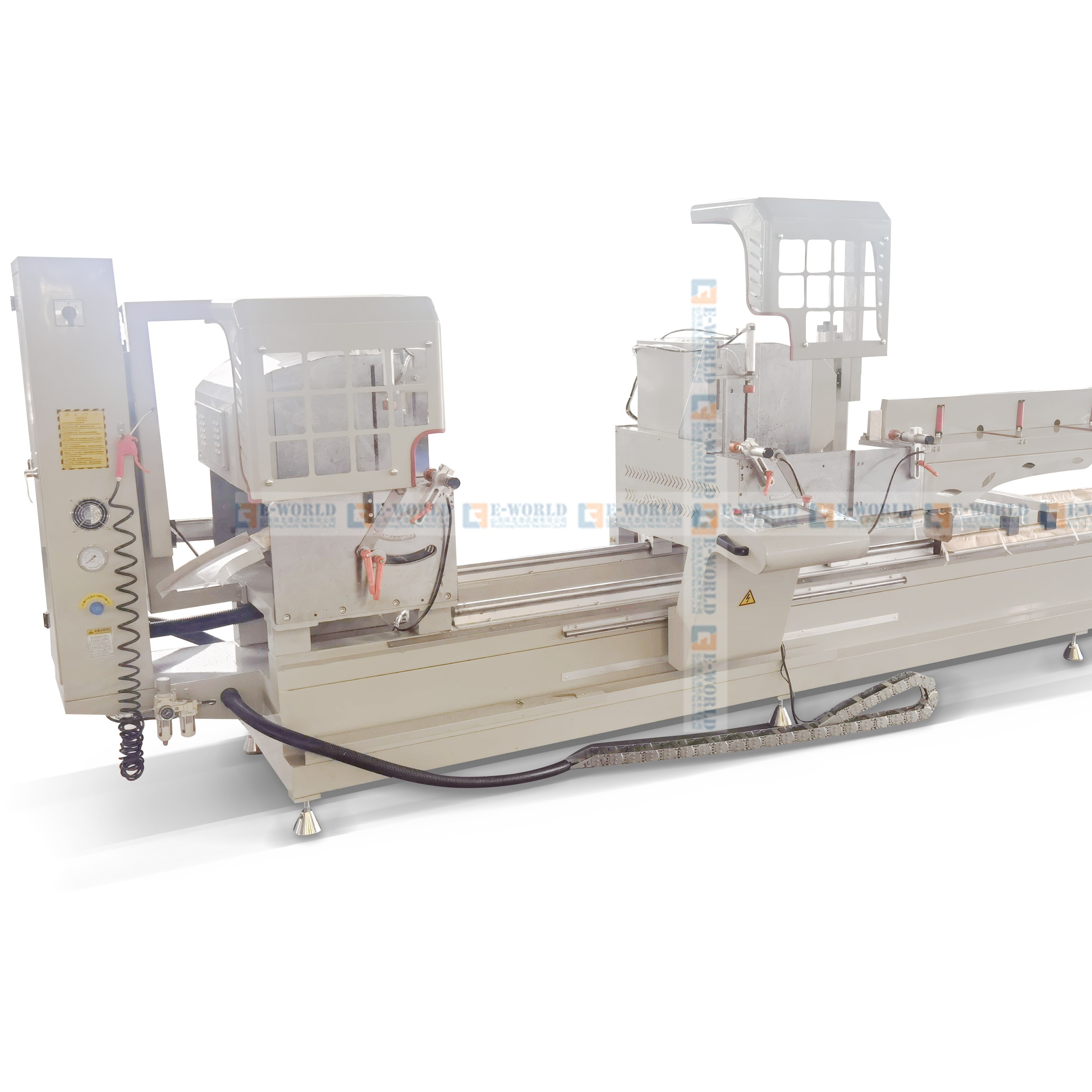 Double Miter Saw System with CNC Control of Cut Length, Miter Angles and Auto Feed.
