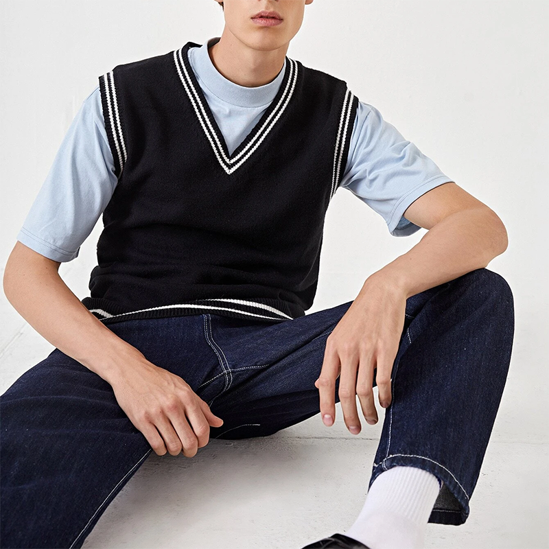 OEM Factory Custom High Quality Casual Sleeveless Pullover Vest V-neck Fleece Vest Mens Wool Knitted Vest