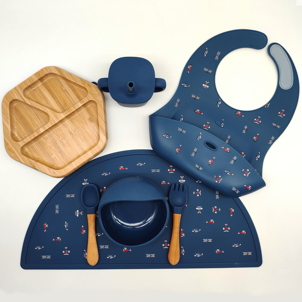 Custom Children's Bpa Free Food Silicone Bamboo Products Plates Kids Utensil Set Baby Tableware Set