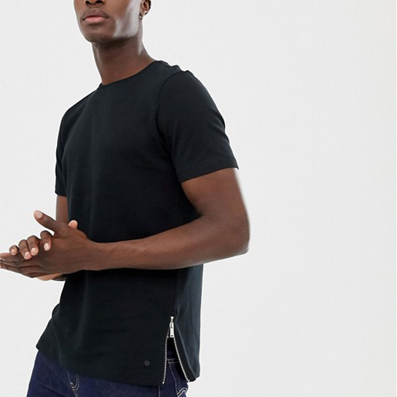 Urban style black tee shirt with side zip organic cotton custom t shirts your own brand
