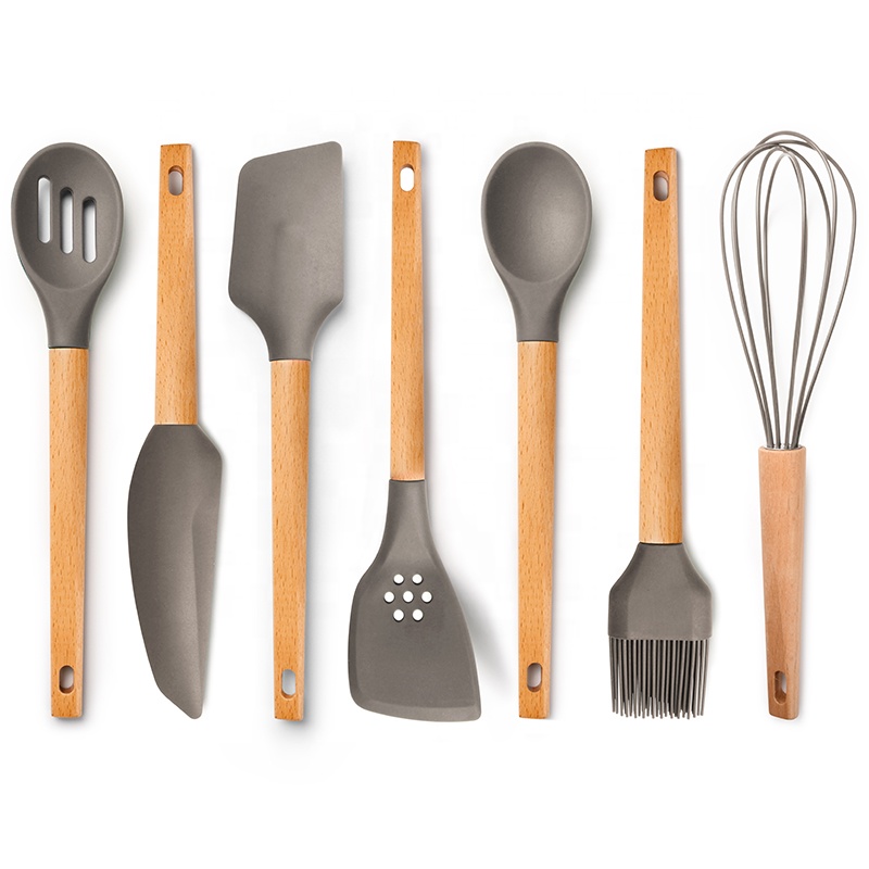 Home and Kitchen Accessories 7Pcs Heat Resistant Food Silicone Kitchen Utensils With Wooden Handle Cheap Cooking Kitchenware Set