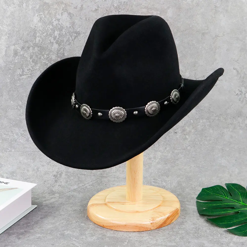 LiHua Wholesale 100% Wool Felt Large Brim Leather Belt Cowboy Hat Men Leather Cowboy Hats